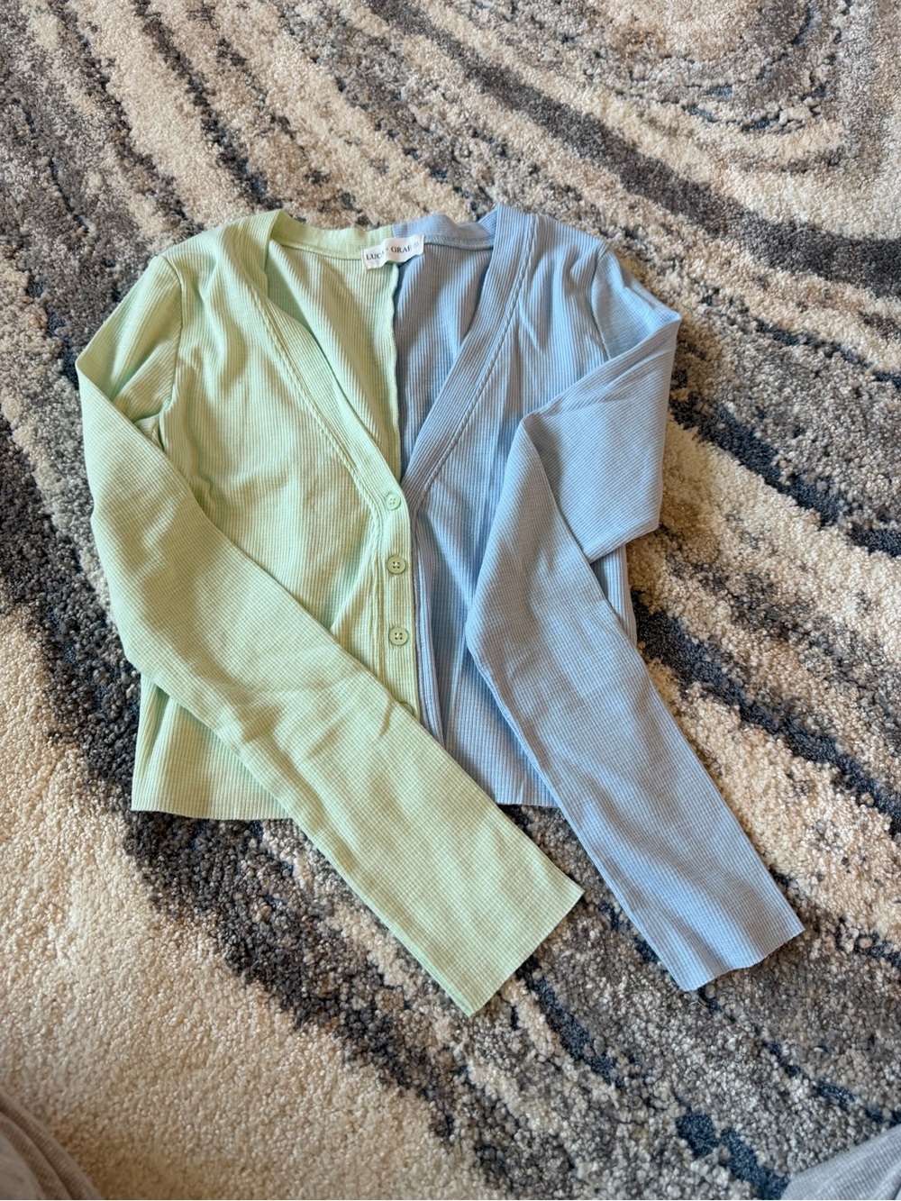 Two-Tone Ribbed Button-Up Cardigan in Mint & Light Blue